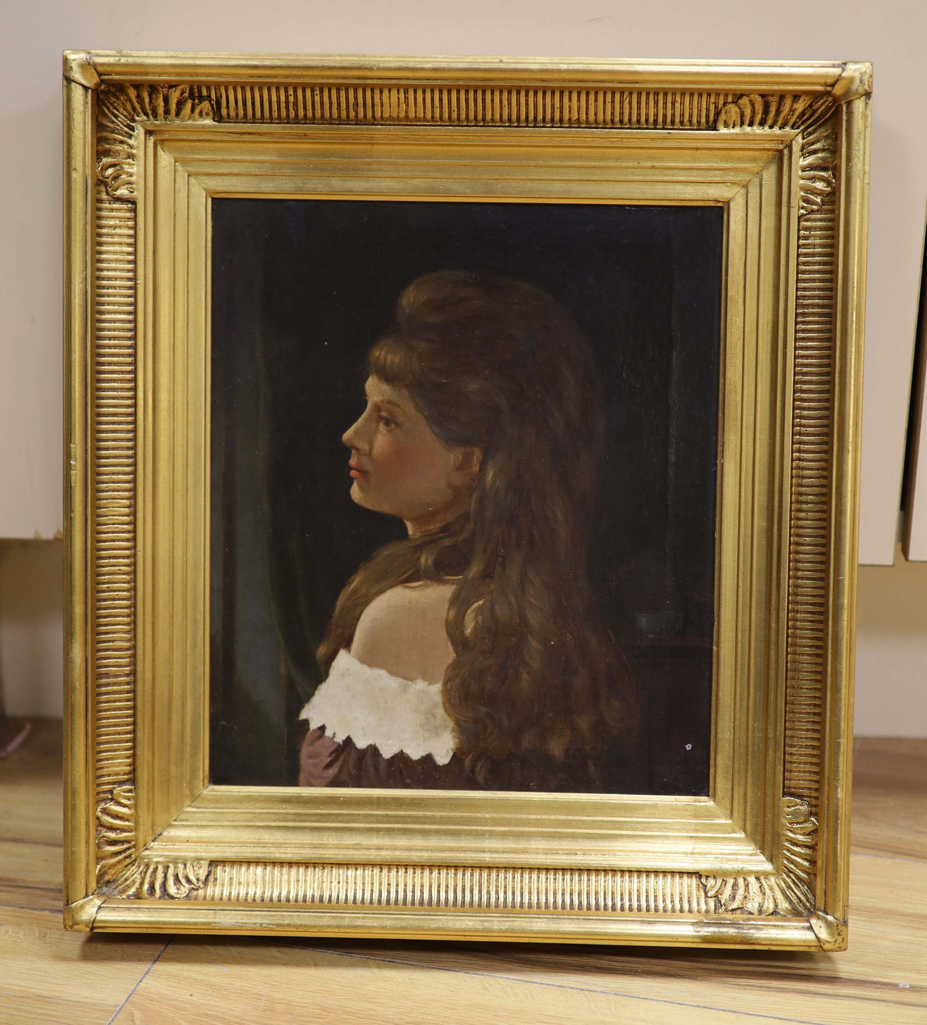 English school circa 1900, oil on canvas, portrait of a young lady, indistinctly signed lower left, 28 x 24 cm.